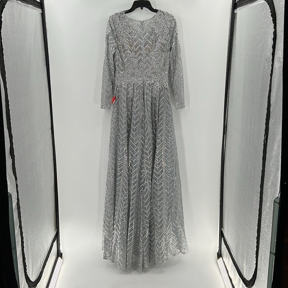 Mac Duggal 20189 Silver Embellished Illusion Long Sleeve Wrap Over A Line Gown - Picture 13 of 14